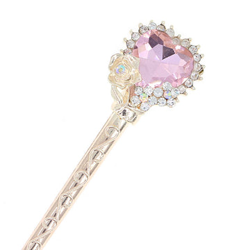 Gold Finish Rhinestone Heart Hair Stick Pink